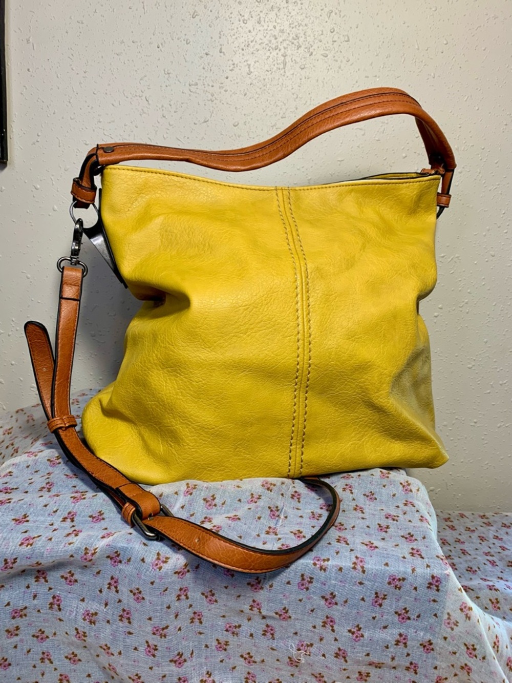 Yellow Leather Hobo Bag with Tan Strap